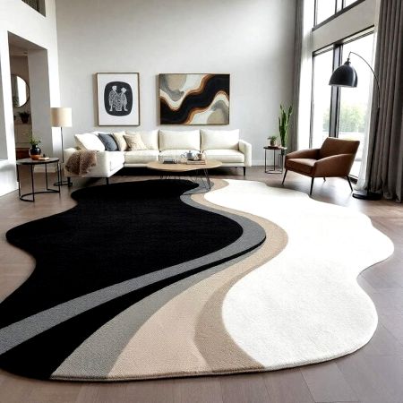 Handcrafted Black White Wave Living Room Rug